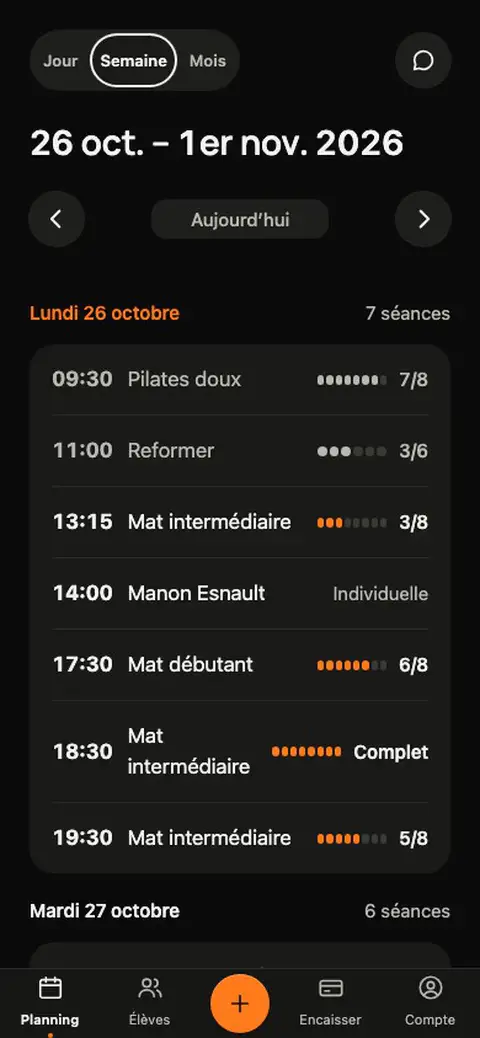 Le planning de la semaine d'un studio d'exemple, qu'on fait défiler.